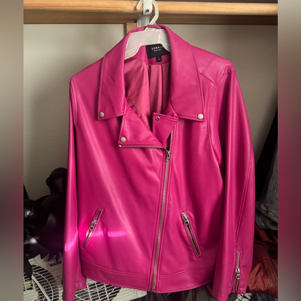 Torrid faux leather asymmetrical moto jacket, vivacious pink, size 6